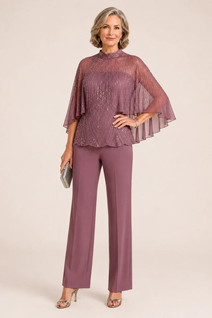 Sequin Mesh Capelet Pant Suit with High Neck