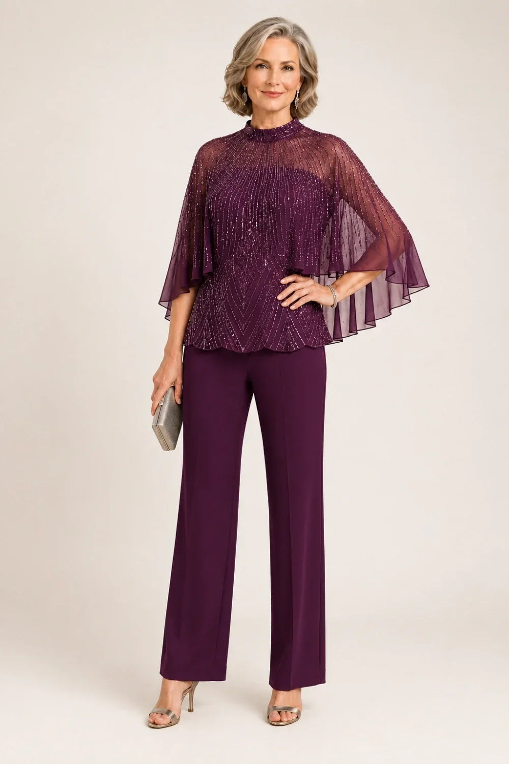Sequin Mesh Capelet Pant Suit with High Neck