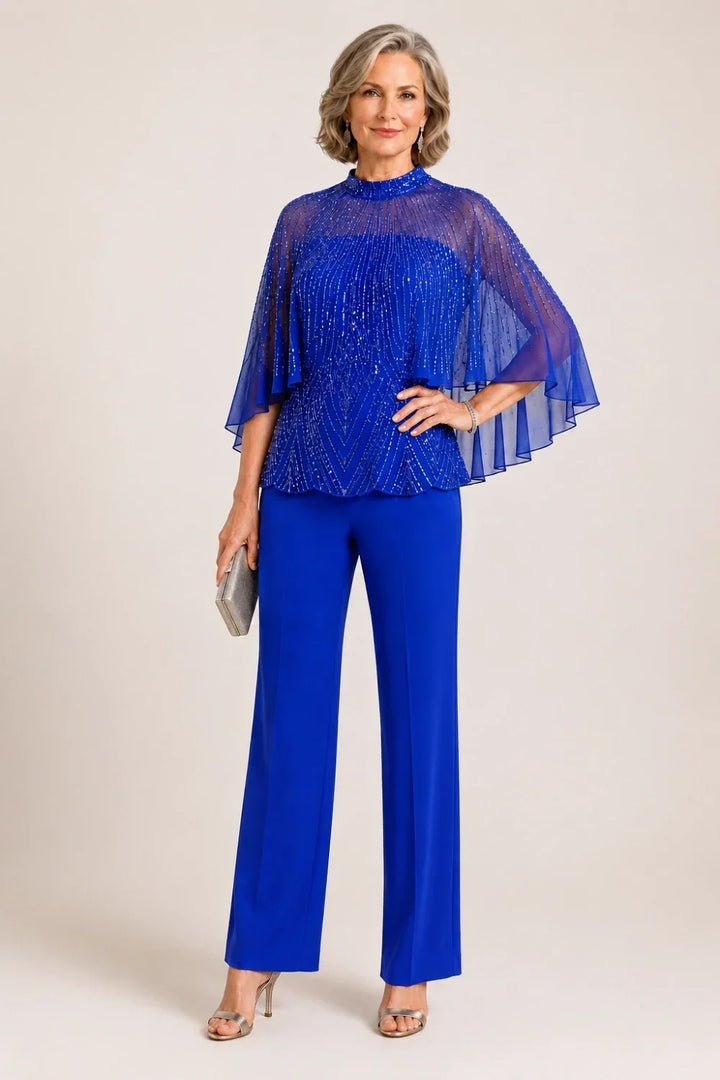 Sequin Mesh Capelet Pant Suit with High Neck