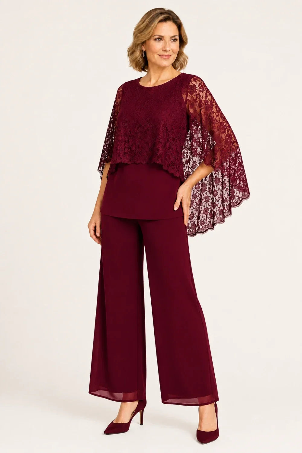 Lace Cape Mother of the Bride Pant Suit with Wide Legs