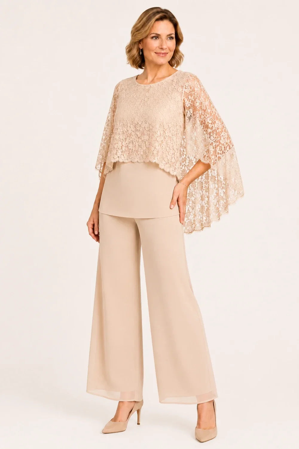 Lace Cape Mother of the Bride Pant Suit with Wide Legs