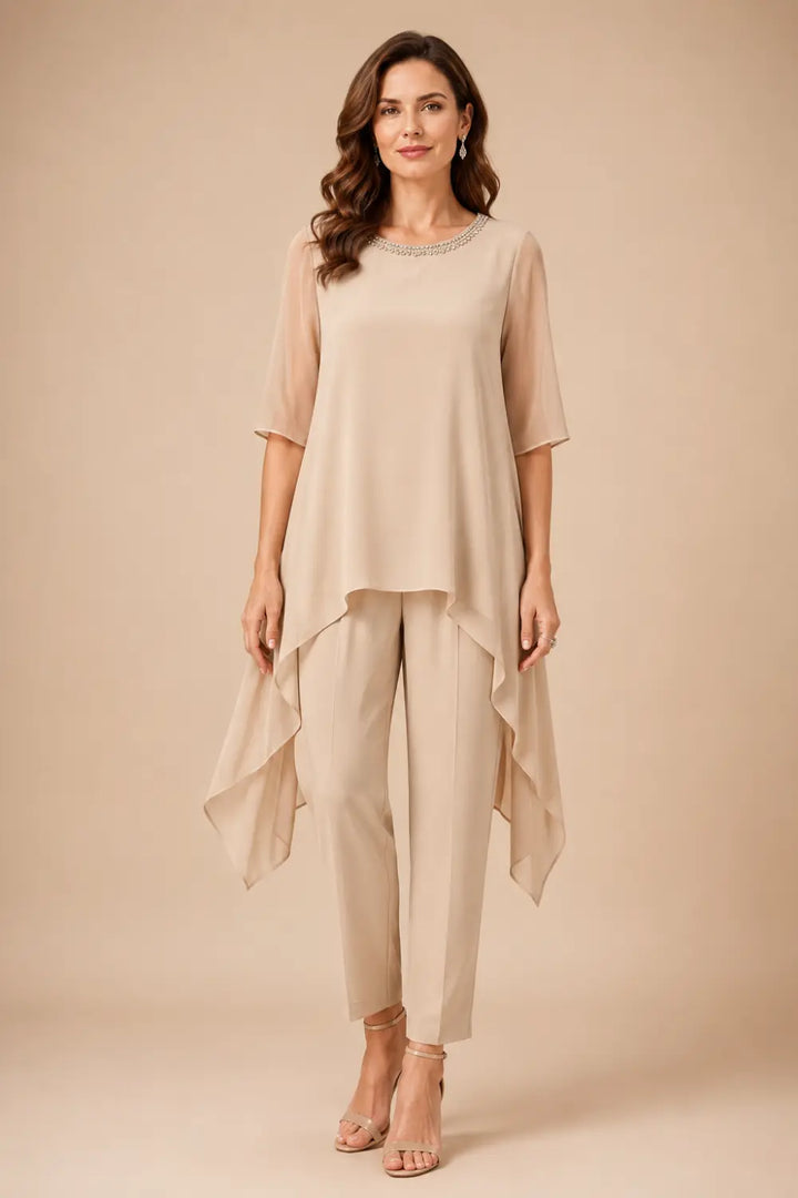 Layered Chiffon Capelet Pant Suit with Wide-Leg Pants