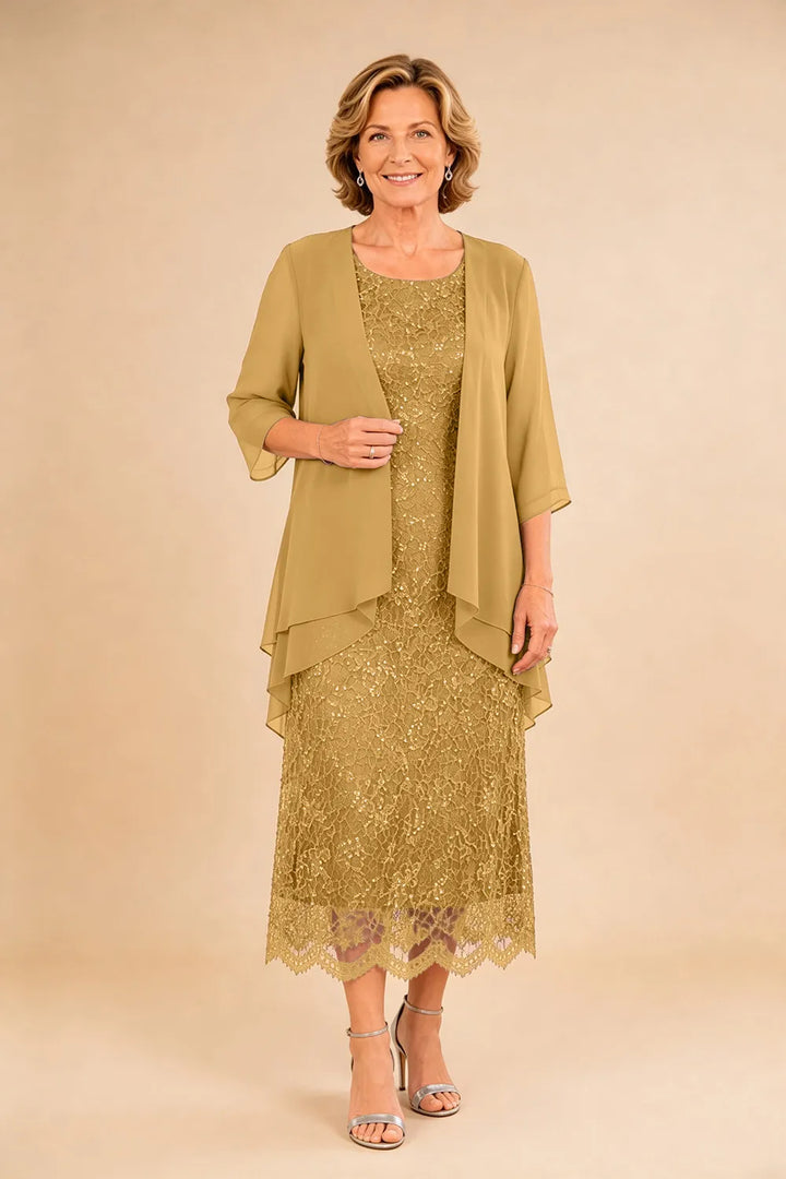Refined Lace Midi Formal Dress with Sheer Chiffon Cover-Up