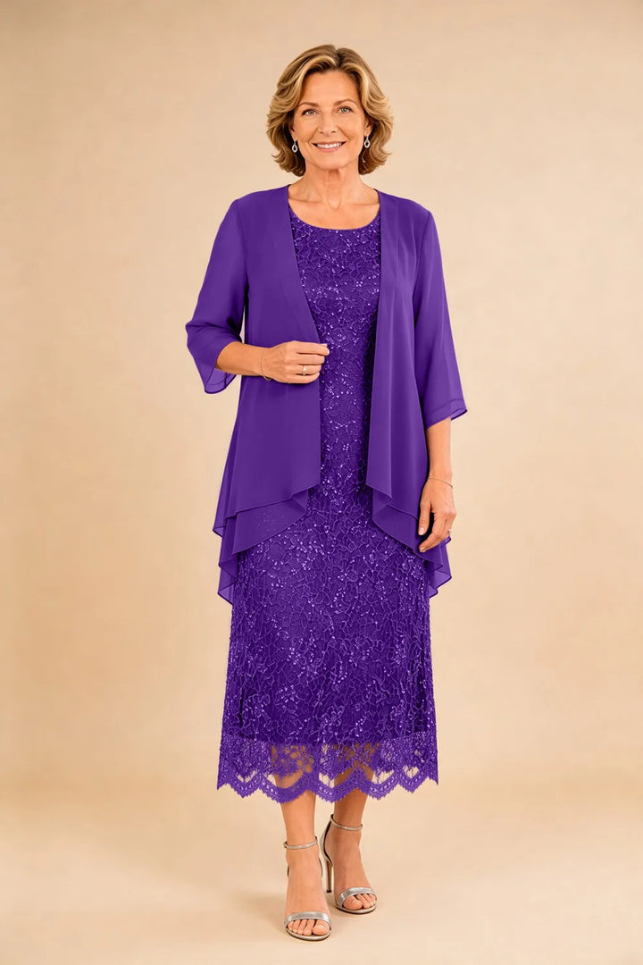 Refined Lace Midi Formal Dress with Sheer Chiffon Cover-Up