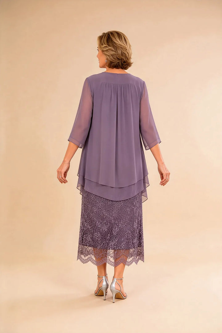 Refined Lace Midi Formal Dress with Sheer Chiffon Cover-Up
