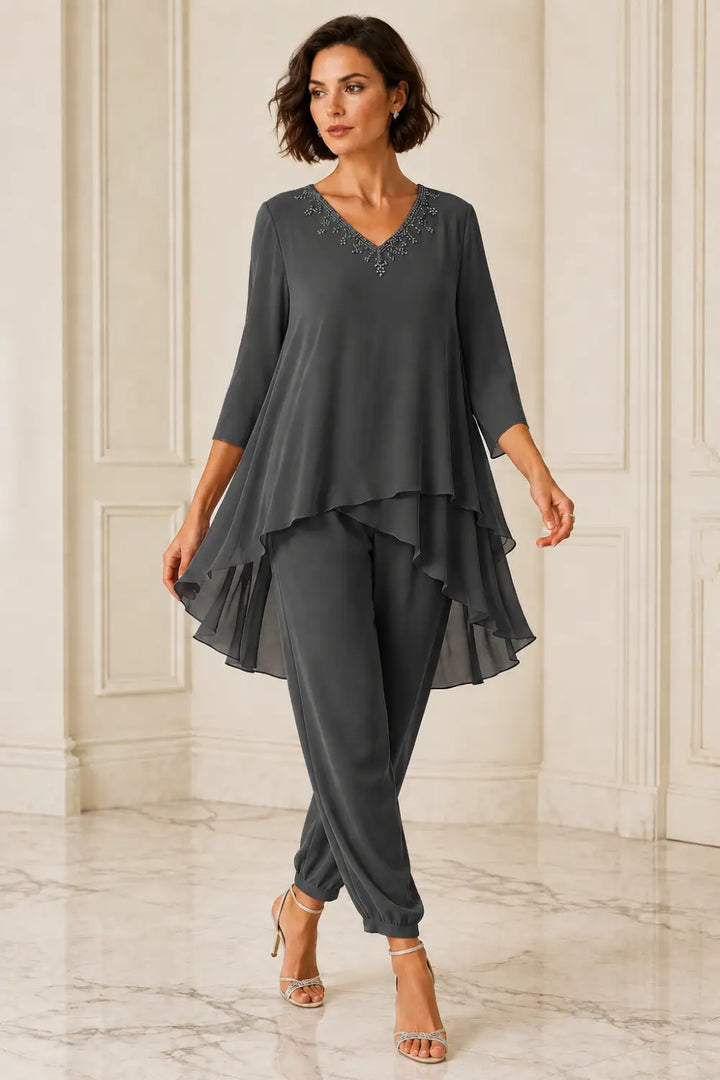 Ruffled Layered Chiffon Capelet Pant Suit