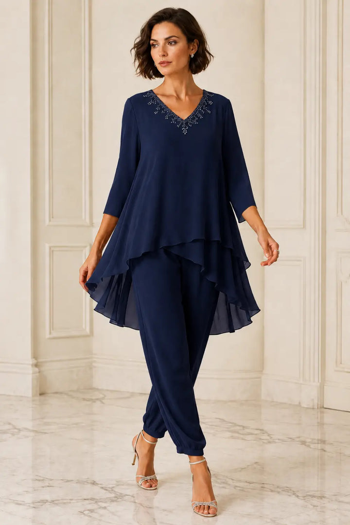 Ruffled Layered Chiffon Capelet Pant Suit