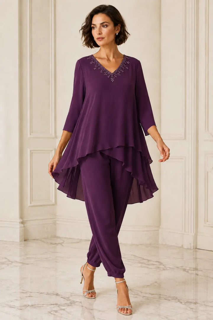 Ruffled Layered Chiffon Capelet Pant Suit