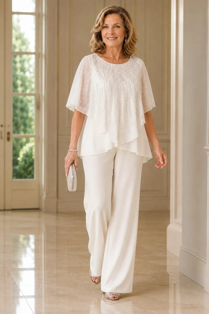 Sequin Capelet Chiffon Pant Suit with Wide-Leg Pants