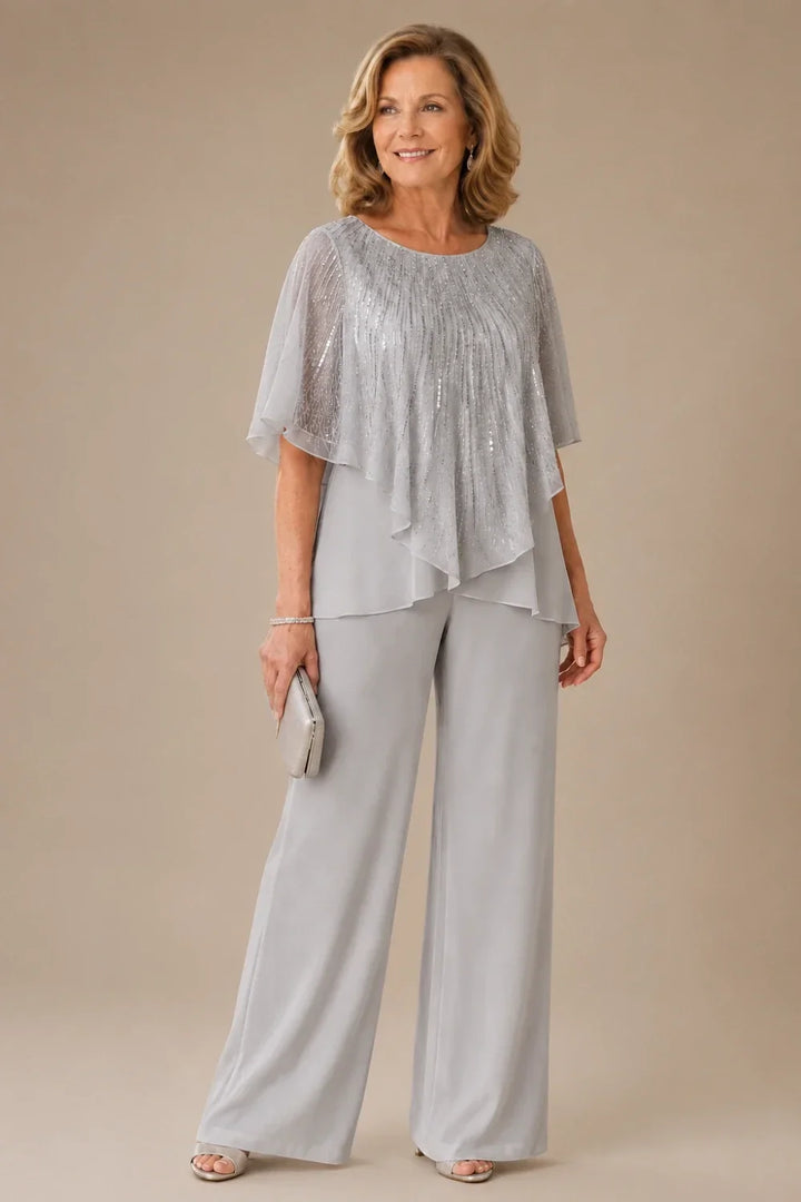 Sequin Capelet Chiffon Pant Suit with Wide-Leg Pants