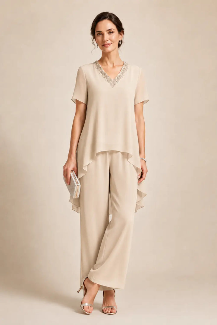 V-Neck Chiffon Asymmetric Capelet Pant Suit