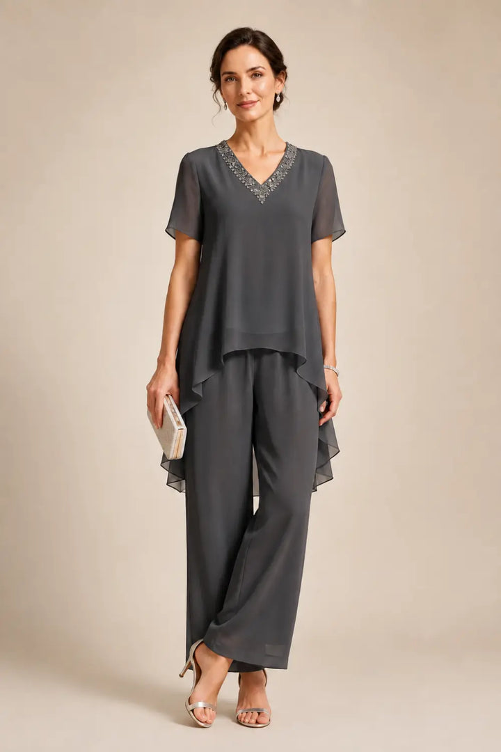 V-Neck Chiffon Asymmetric Capelet Pant Suit