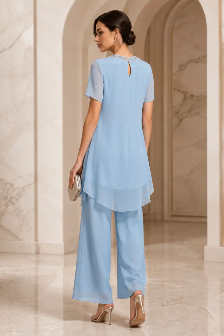 V-Neck Chiffon Asymmetric Capelet Pant Suit