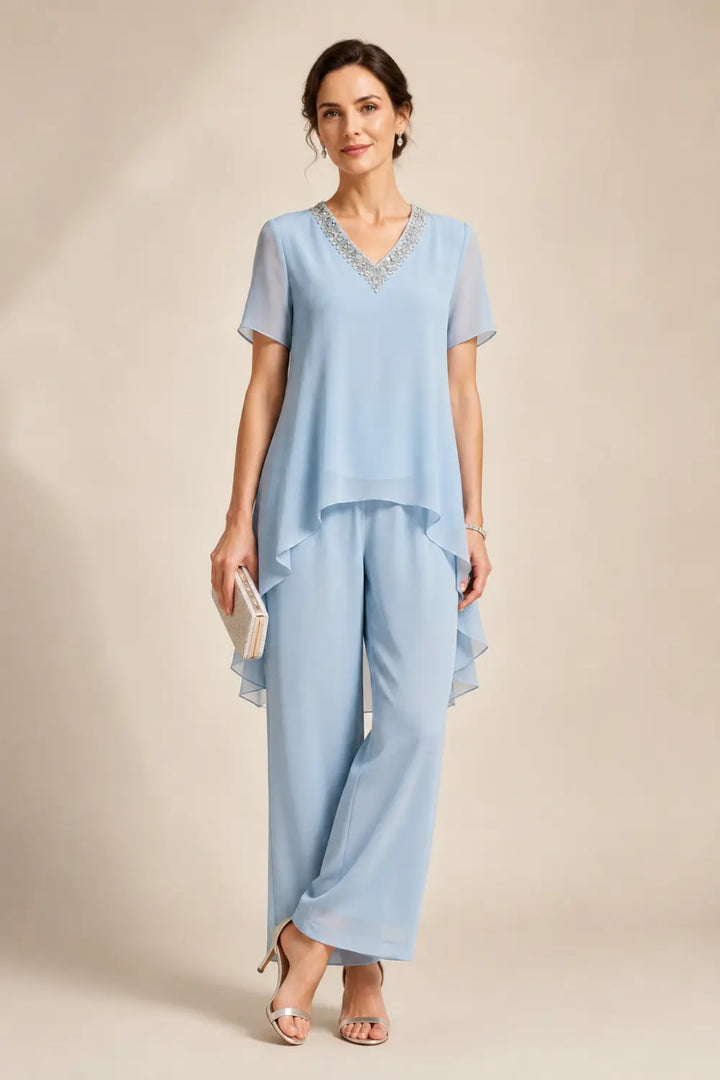 V-Neck Chiffon Asymmetric Capelet Pant Suit
