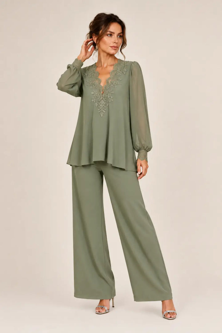 V-Neck Layered Chiffon Pant Suit with Wide-Leg Pants