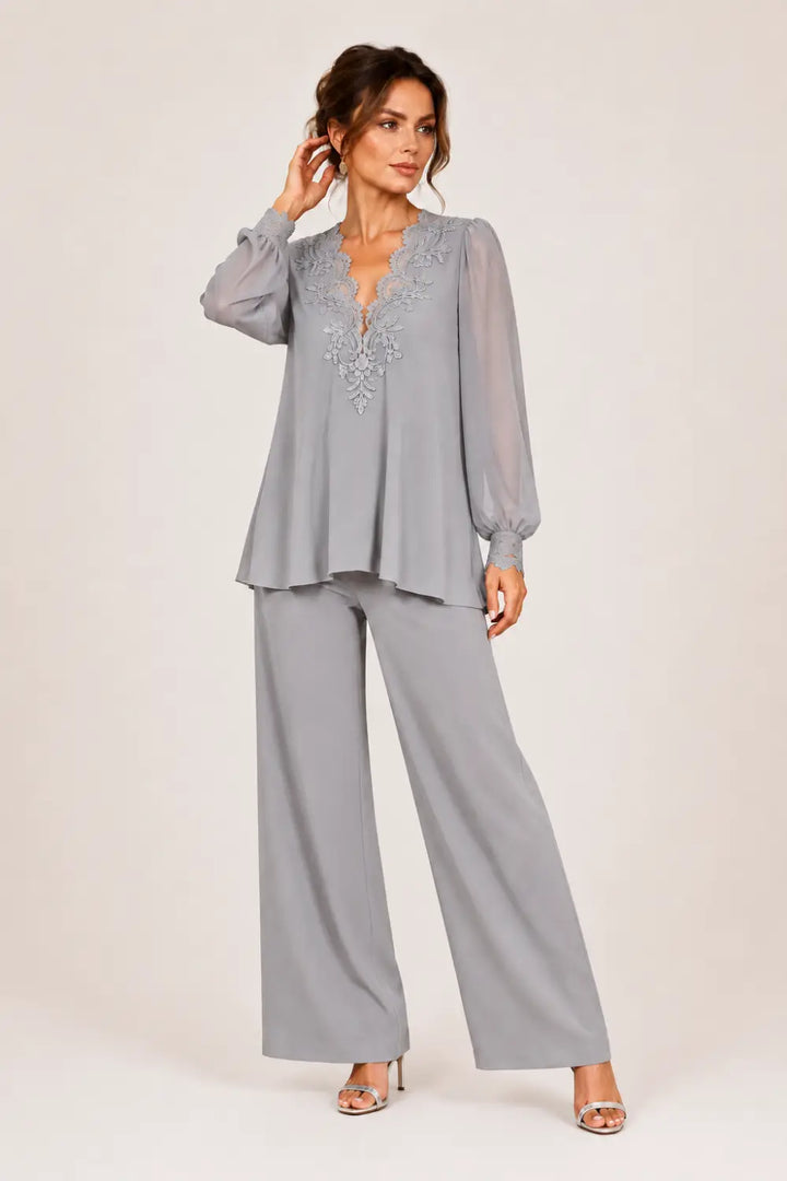 V-Neck Layered Chiffon Pant Suit with Wide-Leg Pants